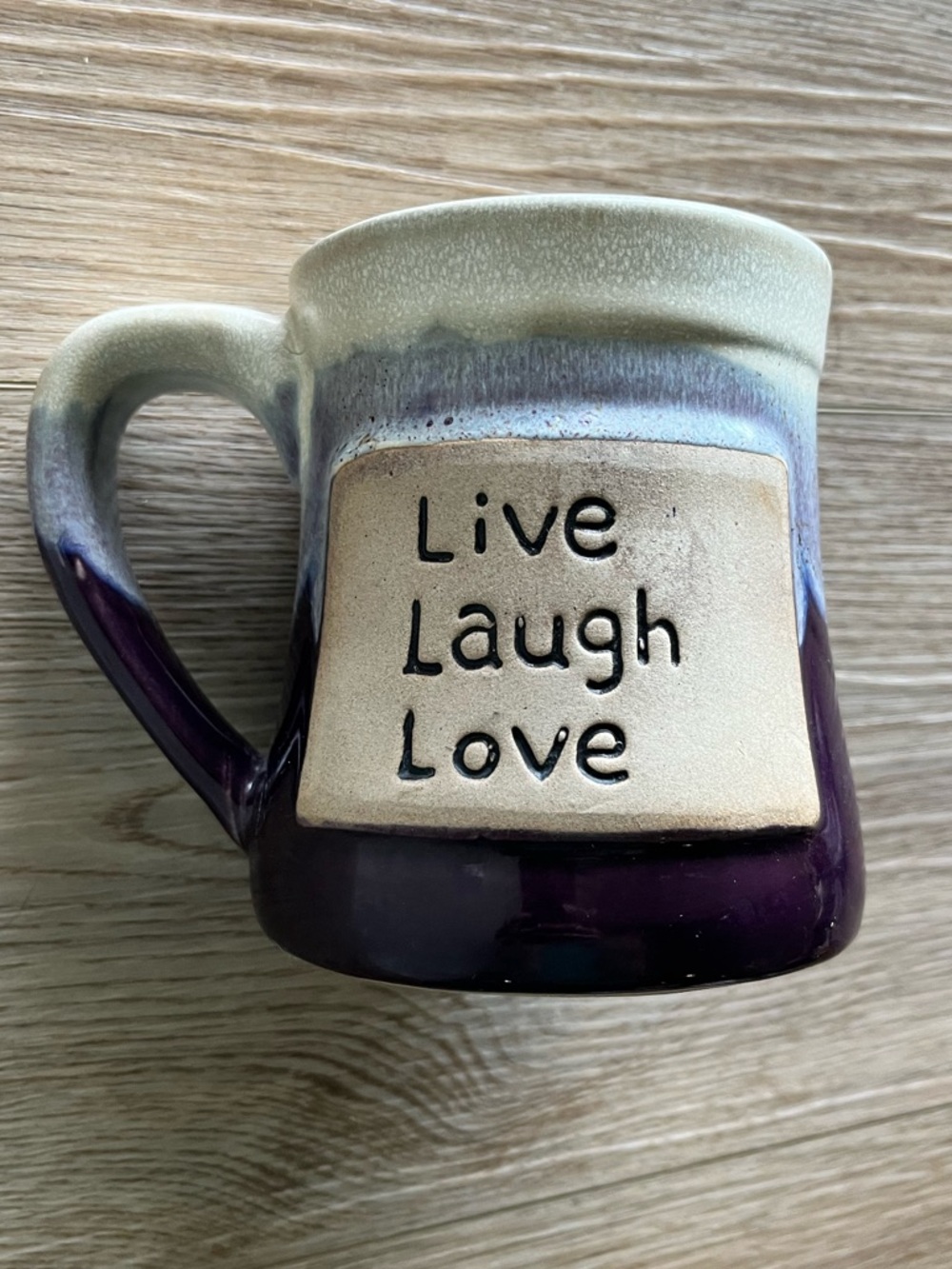 Live Laugh Love Ceramic Coffee Mug - Purple and Cream Drip Glaze